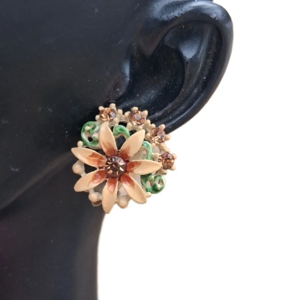 Vintage Enamel Floral Brooch & Clip Earrings Set | Mid-Century Amber Rhinestone